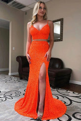 Sequins Mermaid Two Pieces V-neck Long Prom Dress, Party Dress